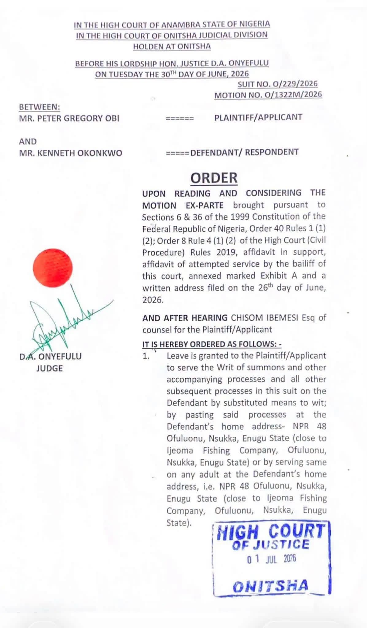 Court Approves Substituted Service in Peter Obi's Defamation Case Against Kenneth Okonkwo